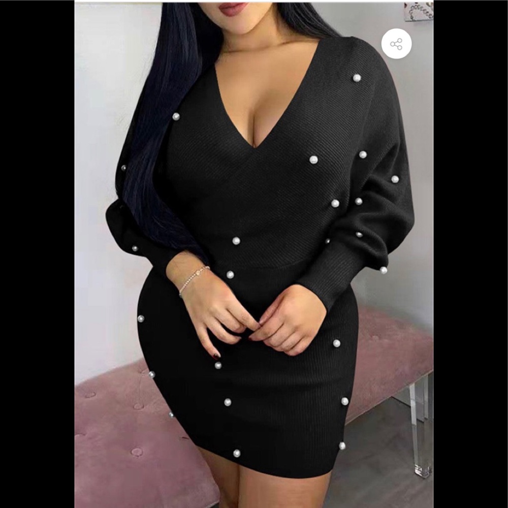 Black mini sweater dress w/pearls